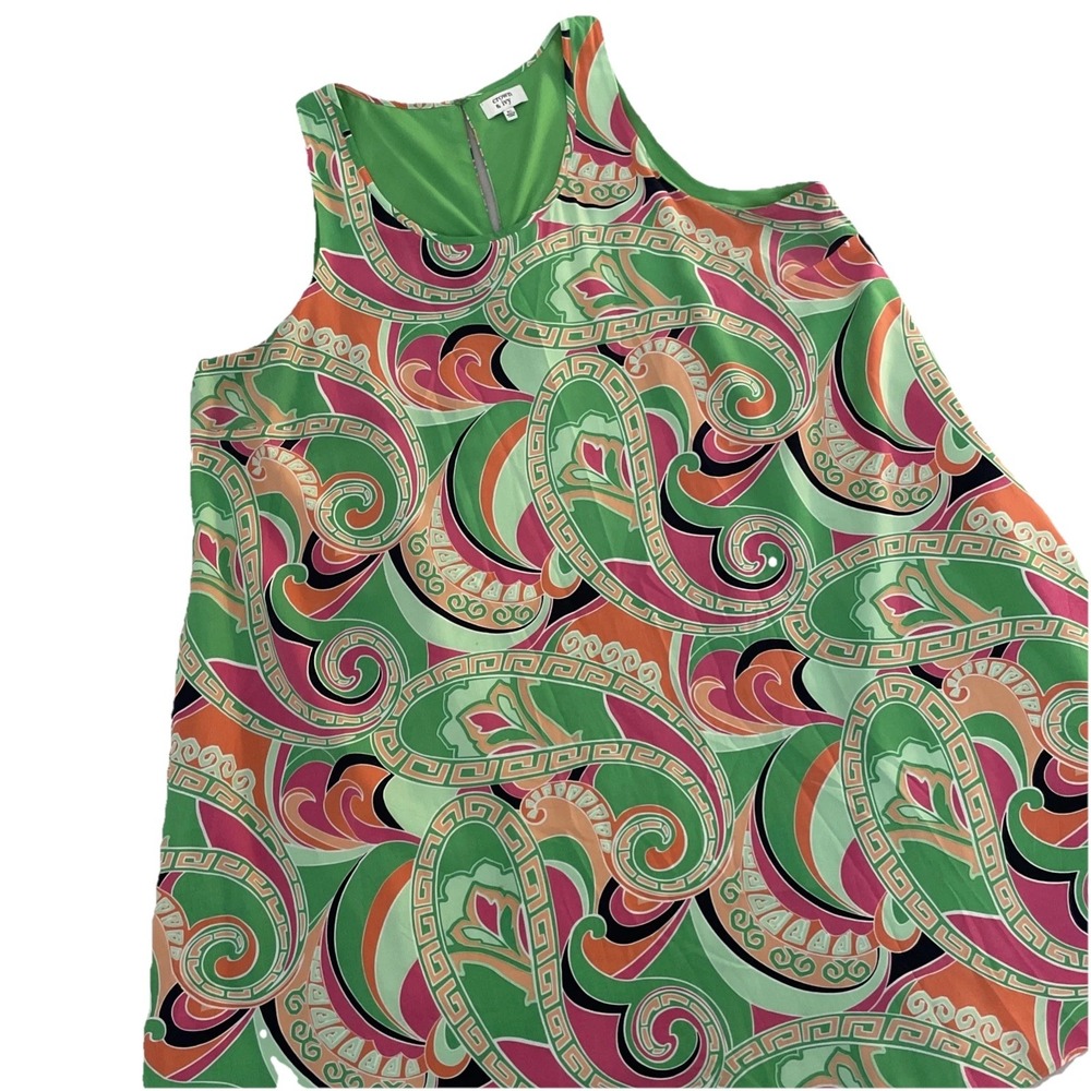Crown & Ivy XL Green COLORFUL Paisley Print Sleeveless Lined Sundress EUC &‎ FUN